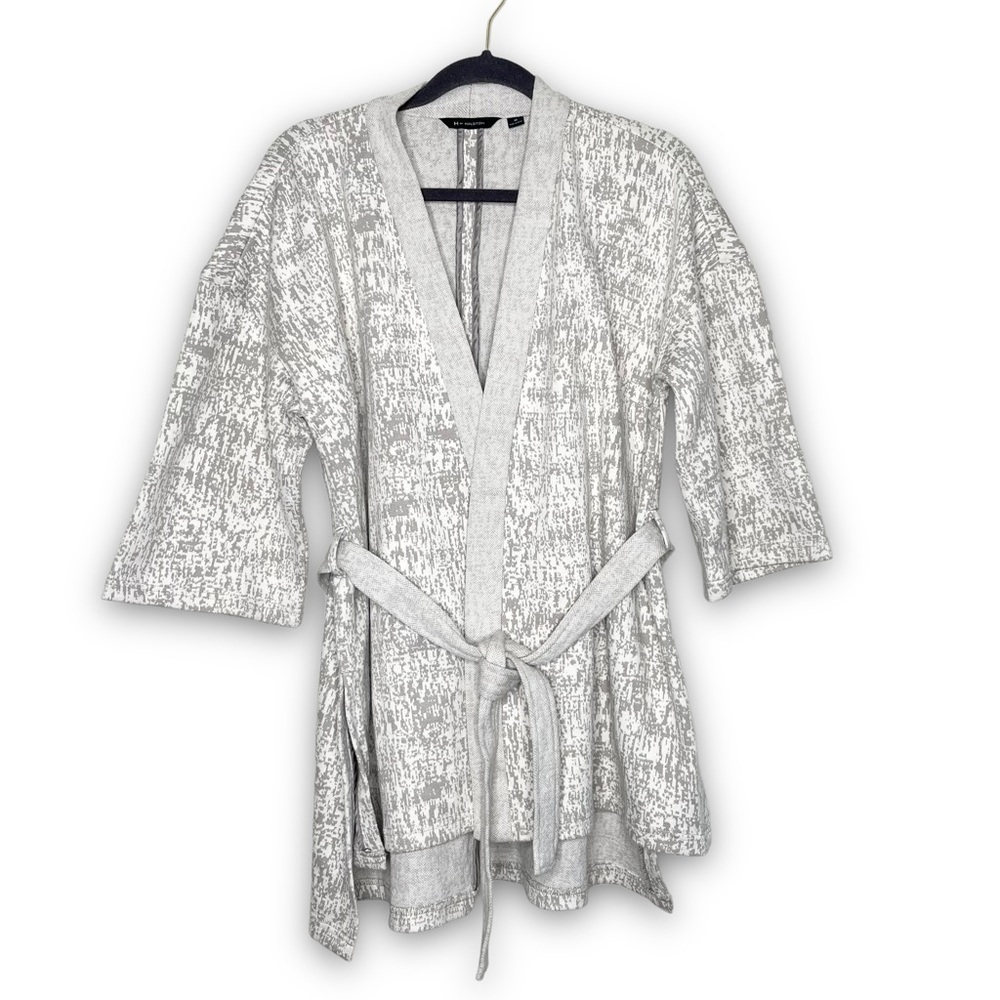 H BY HALSTON Gray White Speckle 3/4 Sleeve Belted Waist Sweater Jacket Medium